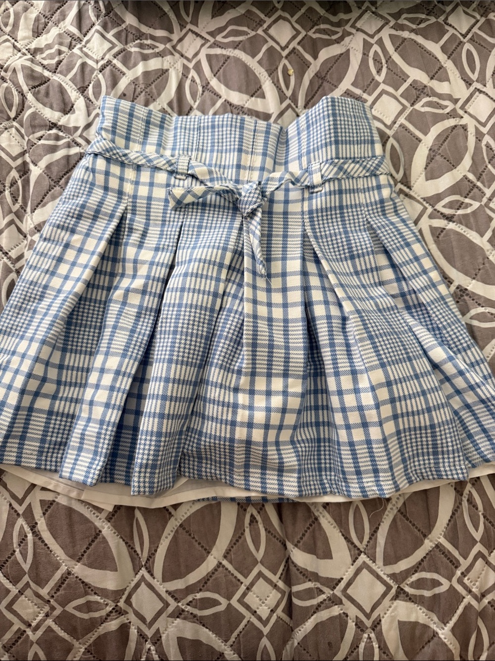 Blue and White Plaid Pleated Skirt with Waist Tie